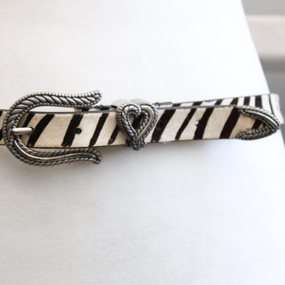 Chico's Y2K Brown Zebra Print Silver Metal Brass Heart Buckle Belt Size Large - Picture 3 of 6